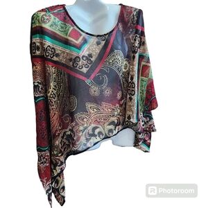Democracy Semi-Sheer Cape-Inspired Boho Asymmetrical Lagenlook Blouse  XL